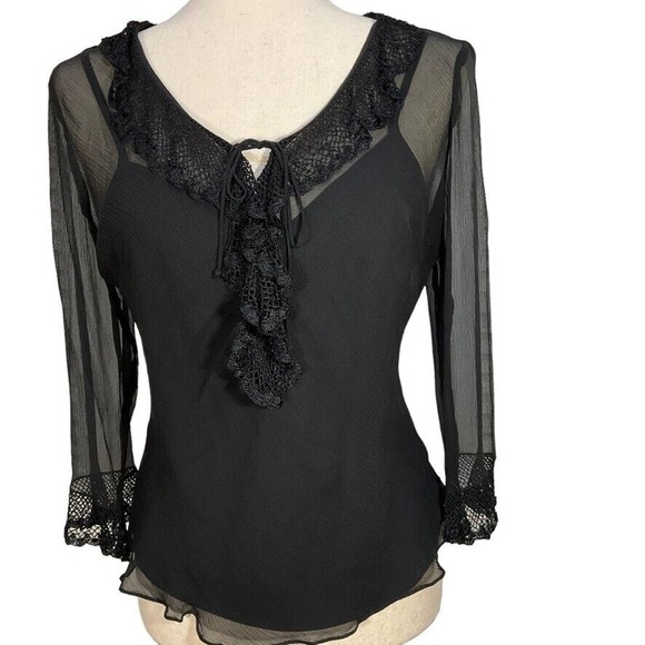 ECI S Black Silk Chiffon Ruffle & Lace Sheer Top & Camisole Womens Size Small - Picture 1 of 13